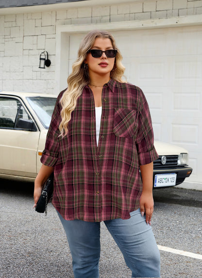 Plus Size Burgundy Plaid Button-Up Shirt G20
