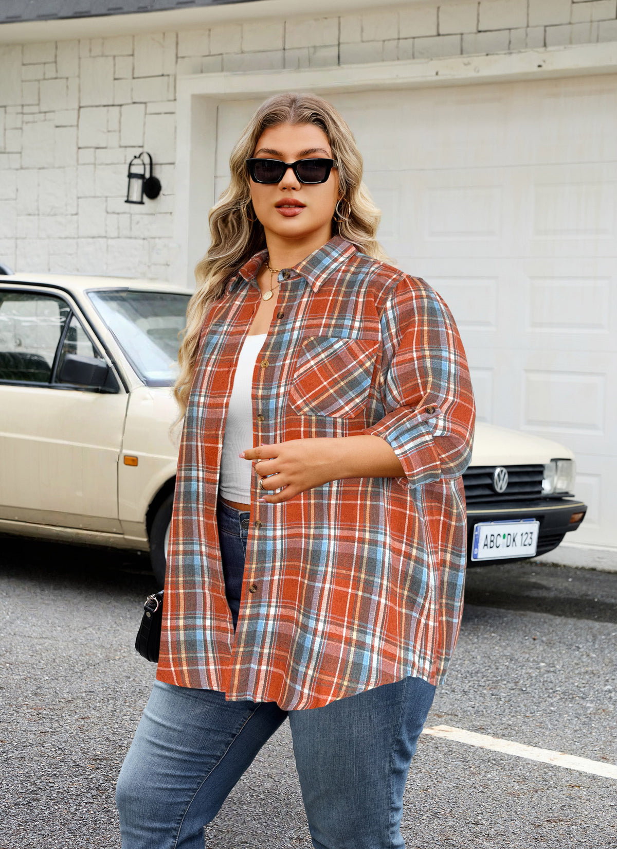 Plus Size Rust Orange Plaid Button-Up Shirt G23