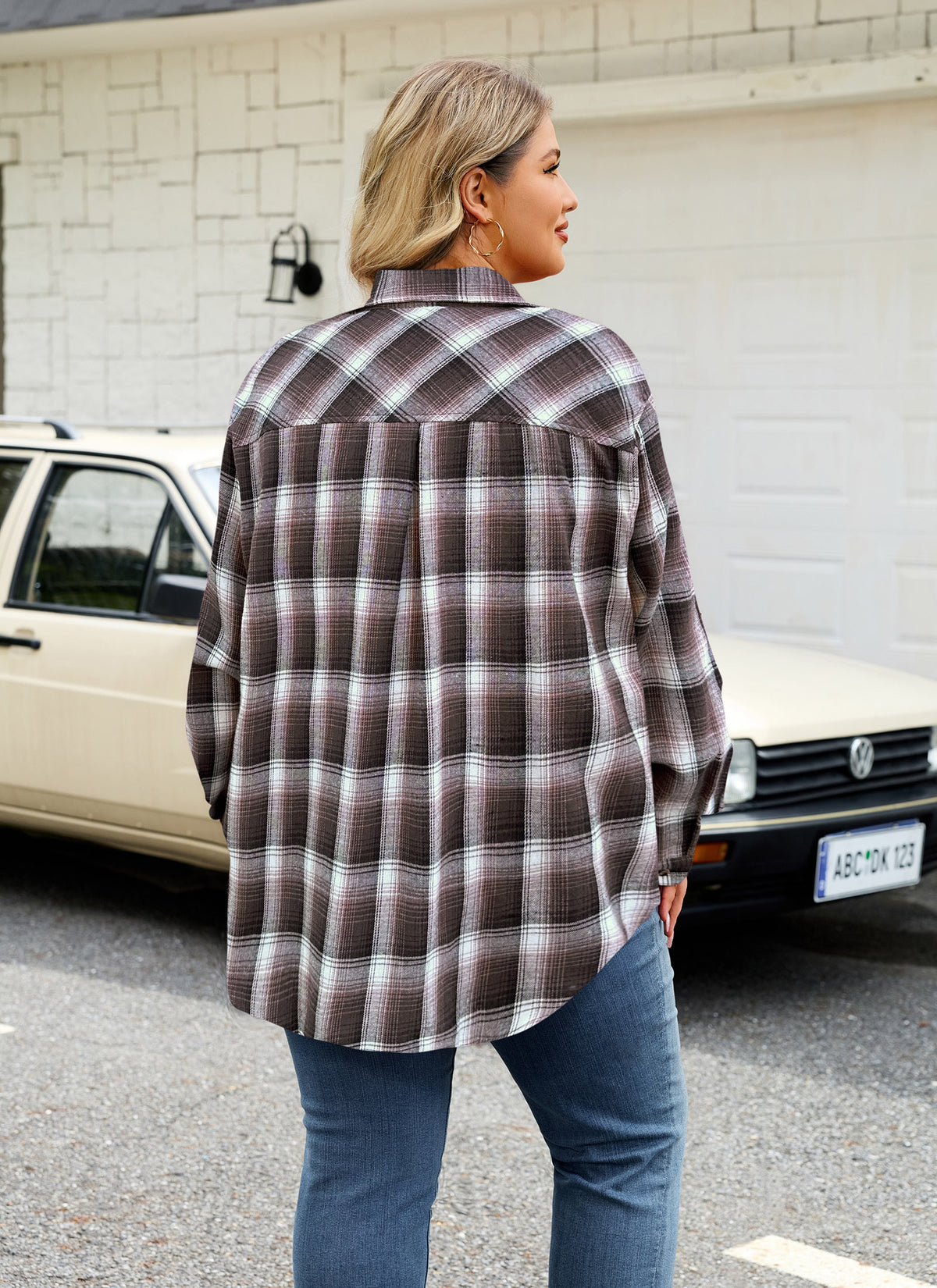 Plus Size Brown Plaid Button-Up Shirt G12