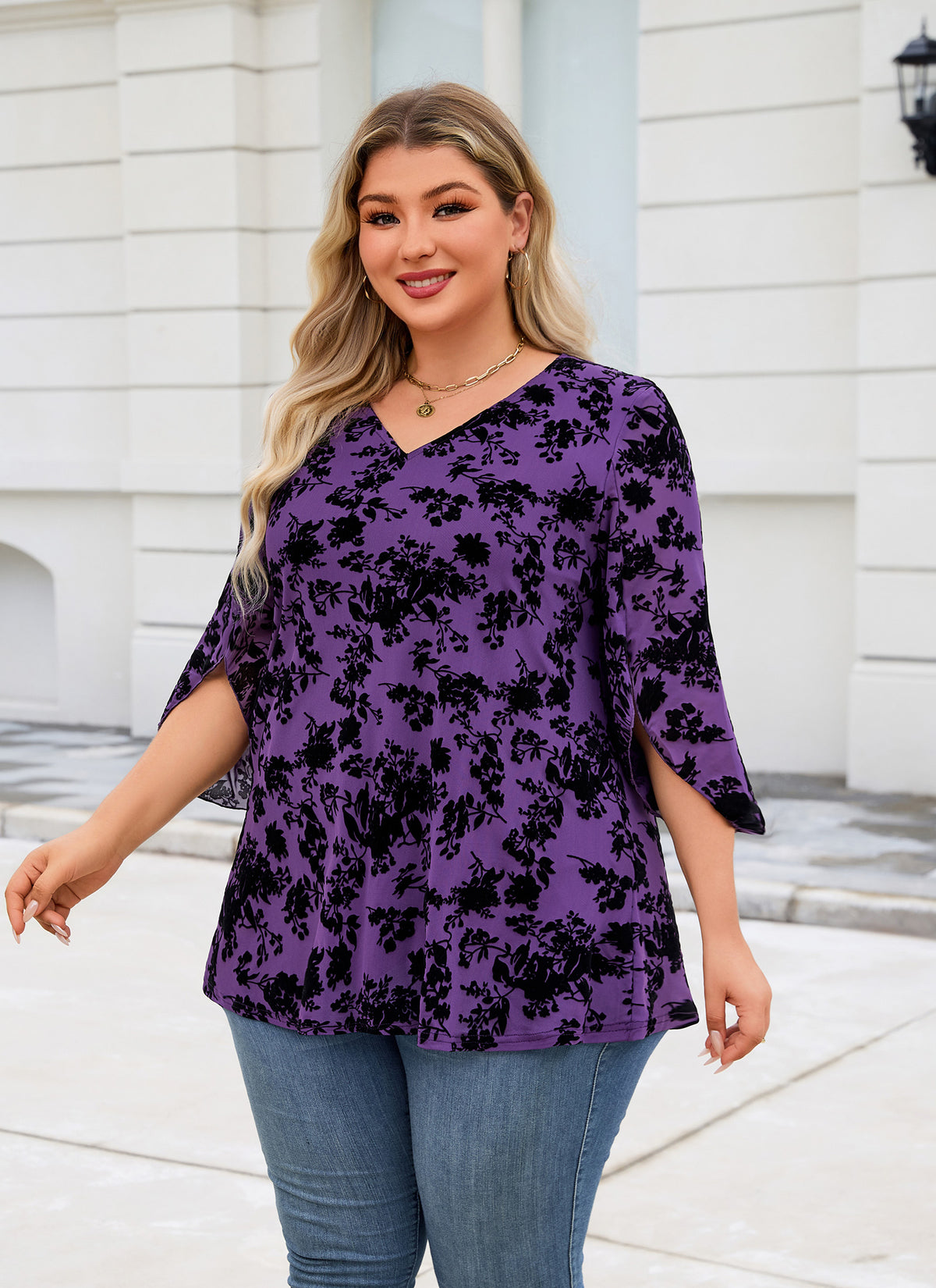 Plus Size Purple Floral V-Neck Top S5
