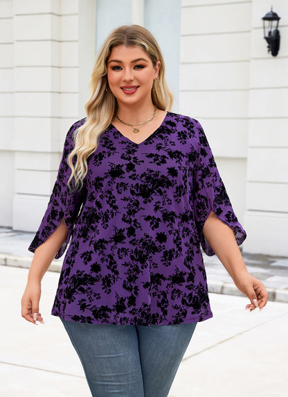 Plus Size Purple Floral V-Neck Top S5