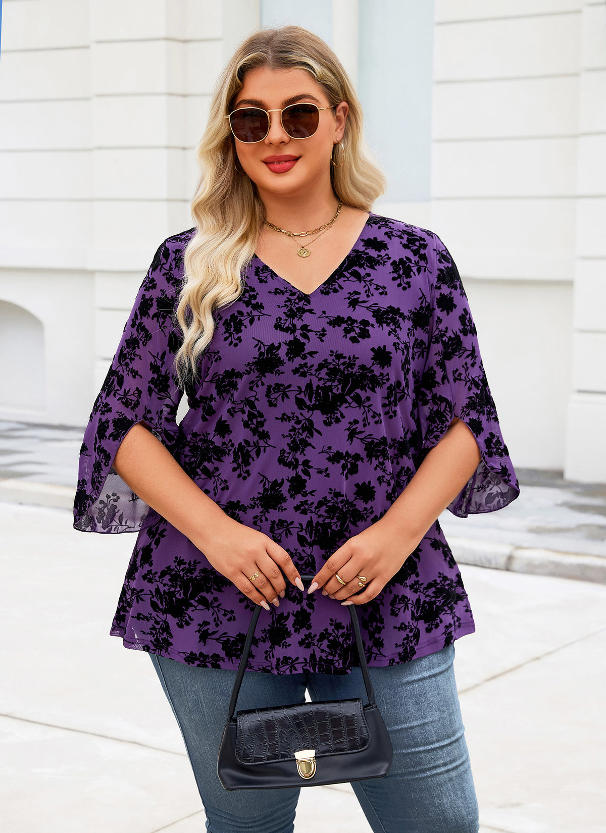 Plus Size Purple Floral V-Neck Top S5