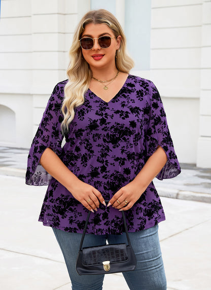 Plus Size Purple Floral V-Neck Top S5