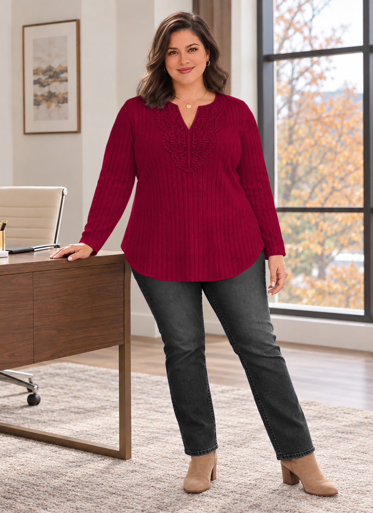 Plus Size Burgundy Lace-Trim Tunic Top Q2