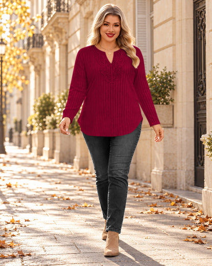 Plus Size Burgundy Lace-Trim Tunic Top Q2