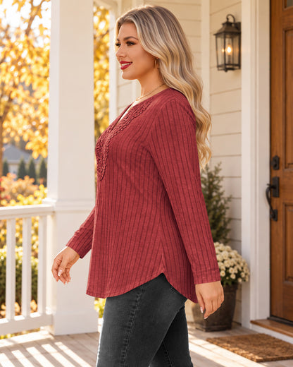 Plus Size Brick Red Lace-Trim Tunic Top Q4