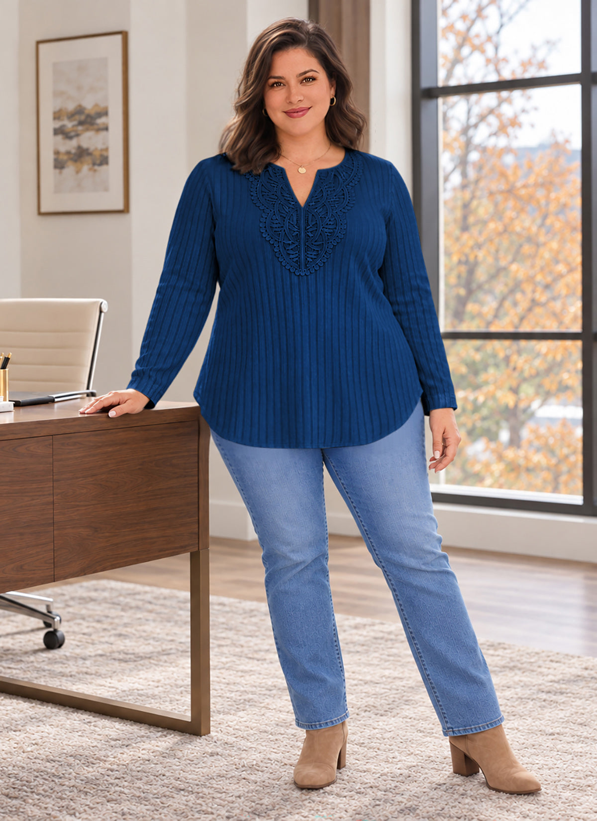 Plus Size Deep Blue Lace-Trim Tunic Top Q5