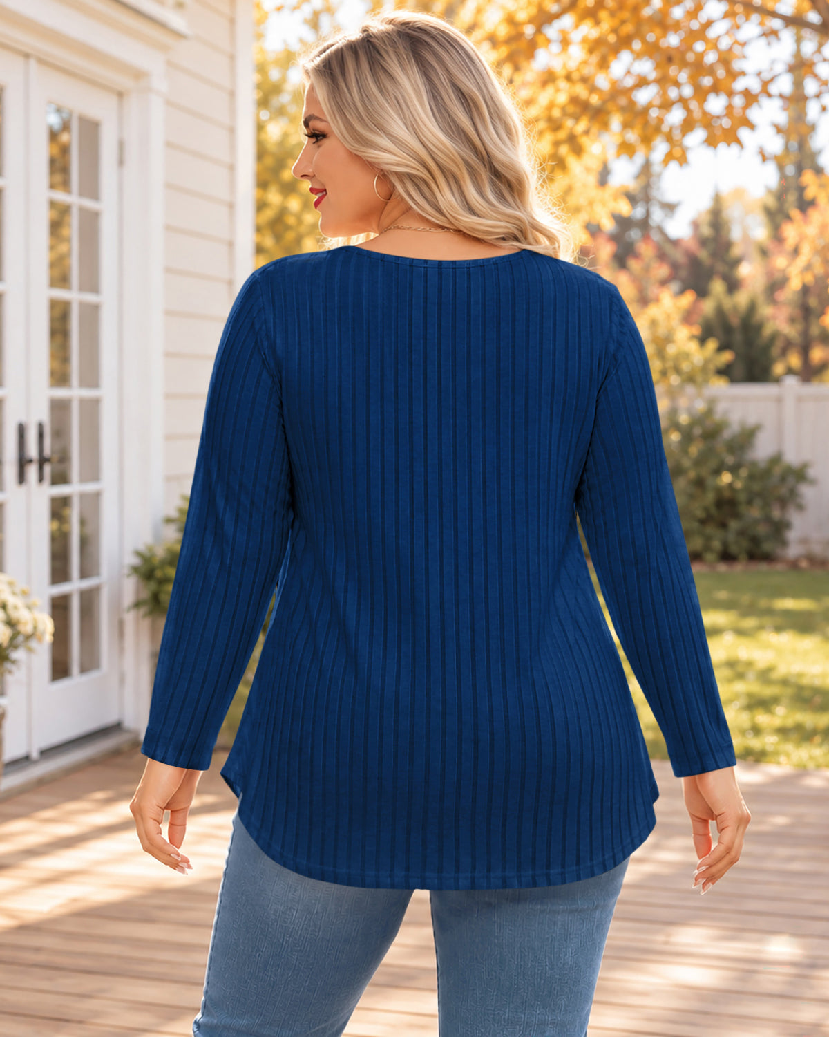 Plus Size Deep Blue Lace-Trim Tunic Top Q5