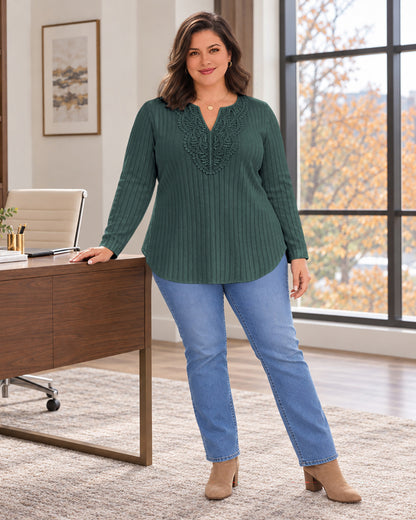 Plus Size Dark Teal Lace-Trim Tunic Top Q3