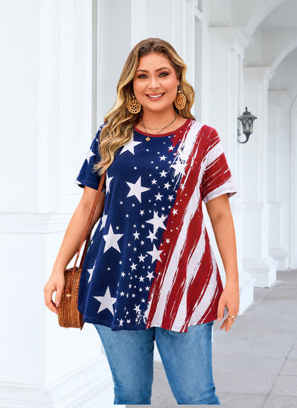 Women's Plus Size American Flag Tunic Top – Short Sleeve Patriotic Swing Blouse e20