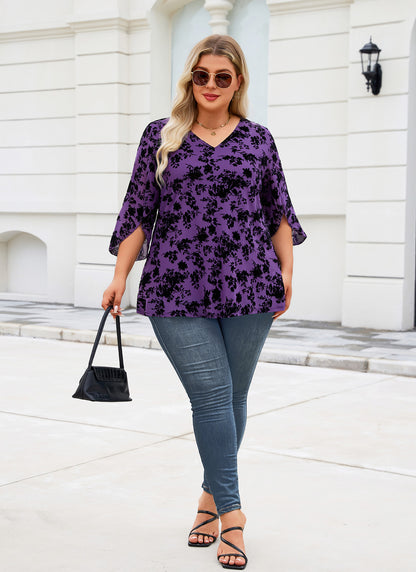 Plus Size Purple Floral V-Neck Top S5