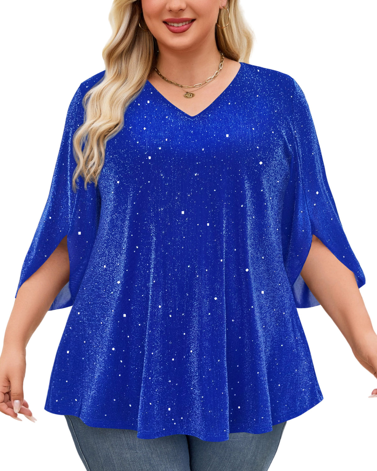 Plus Size Royal Blue Sparkle V-Neck Top S3