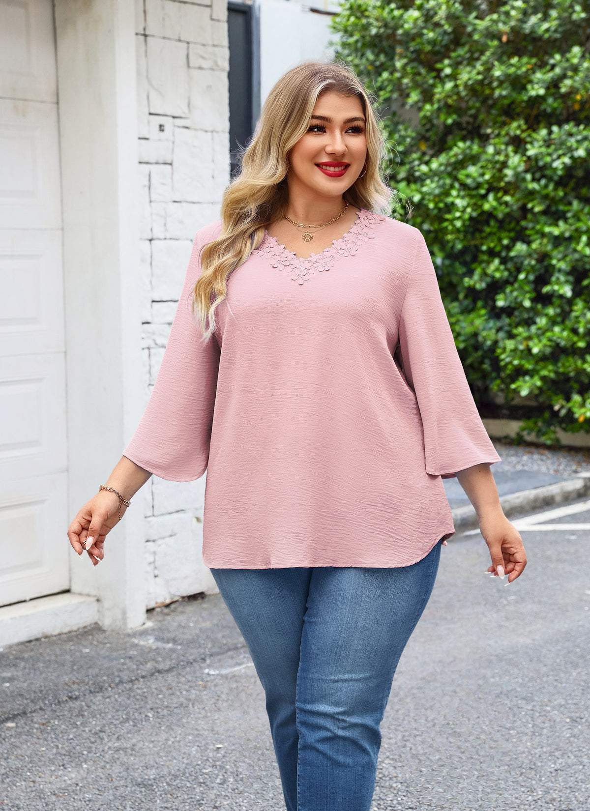 Plus Size Dusty Pink Floral Lace V-Neck Blouse