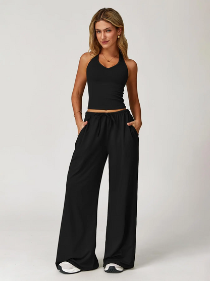 Women's 2-Piece Halter Neck Sports Set | Wide Leg Pants & Sleeveless Top for Workout, Running & Tennis