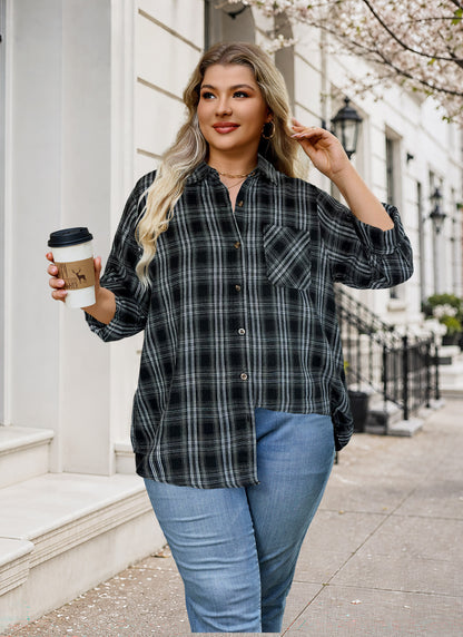 Plus Size Black Plaid Button-Up Shirt G26