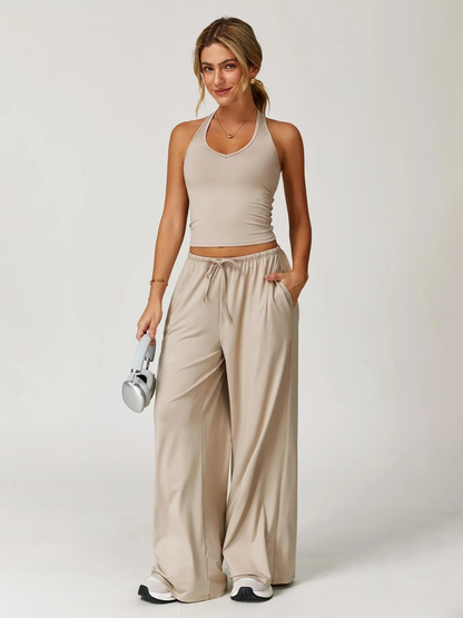 Women's 2-Piece Halter Neck Sports Set | Wide Leg Pants & Sleeveless Top for Workout, Running & Tennis