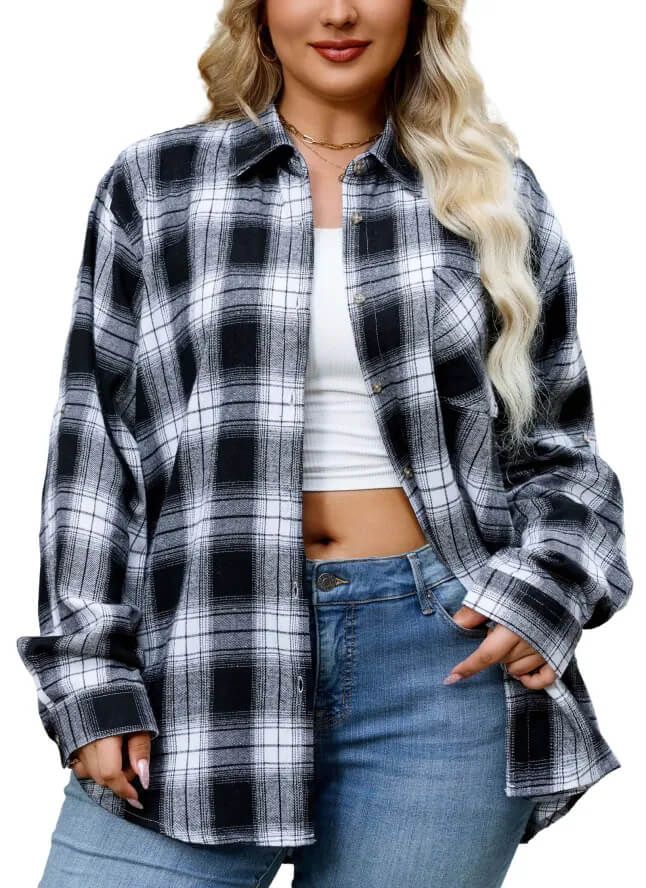 Plus size women’s black and white plaid shirt, minimalist and versatile style
