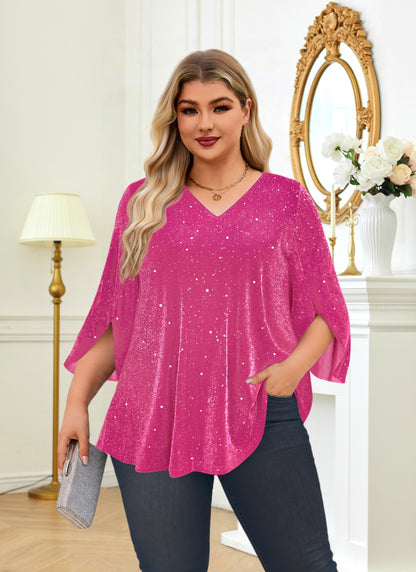 Plus Size Pink Sparkle V-Neck Top S1