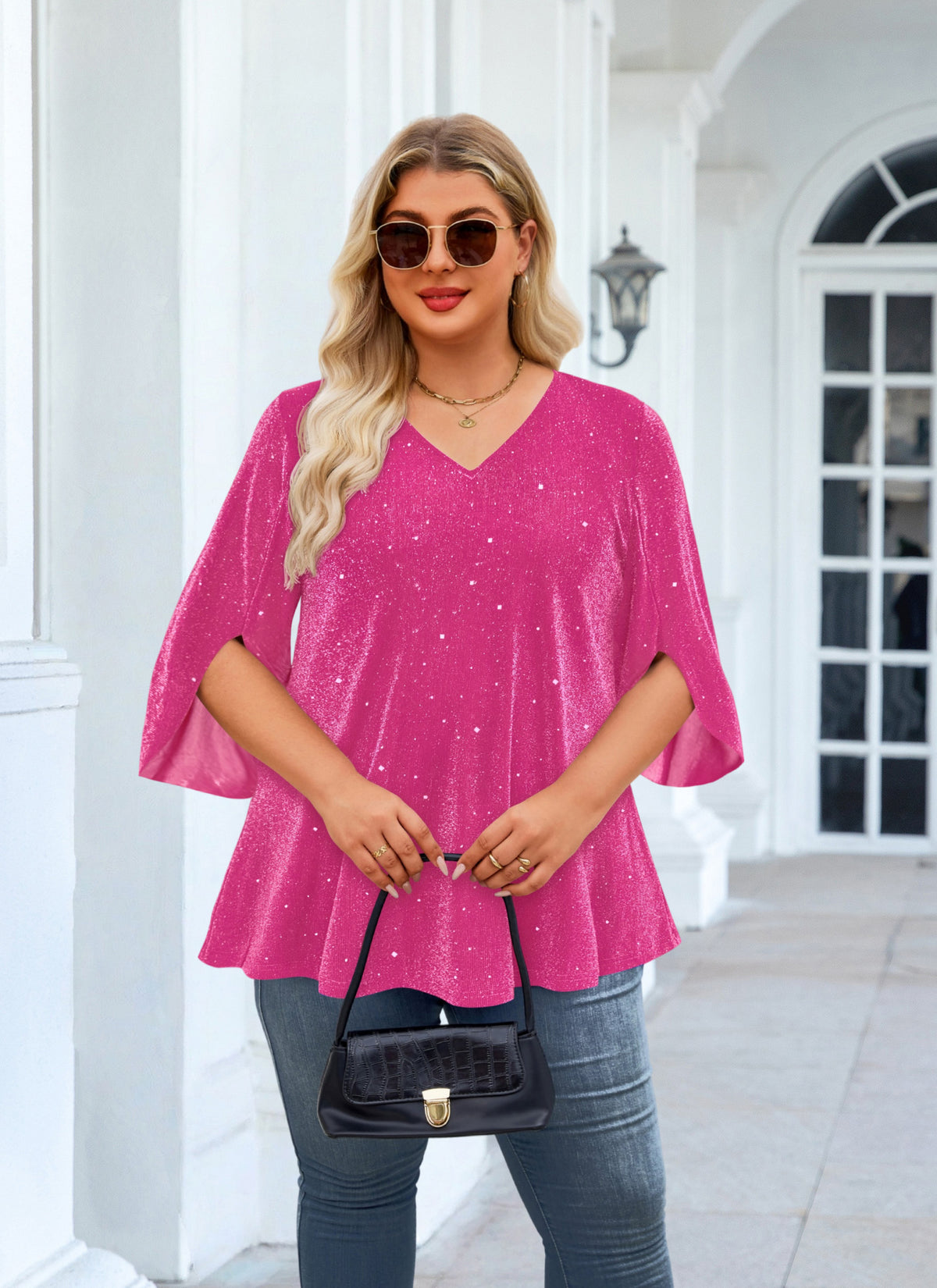 Plus Size Pink Sparkle V-Neck Top S1