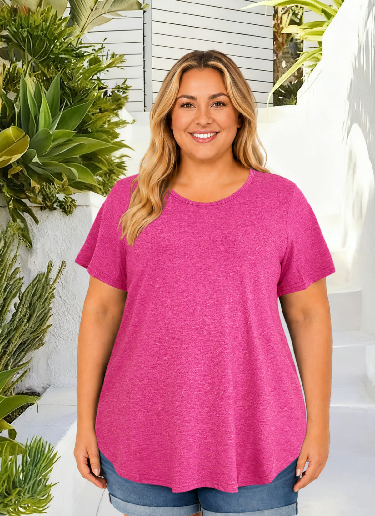 Plus Size Hot Pink Short Sleeve Tunic Tee
