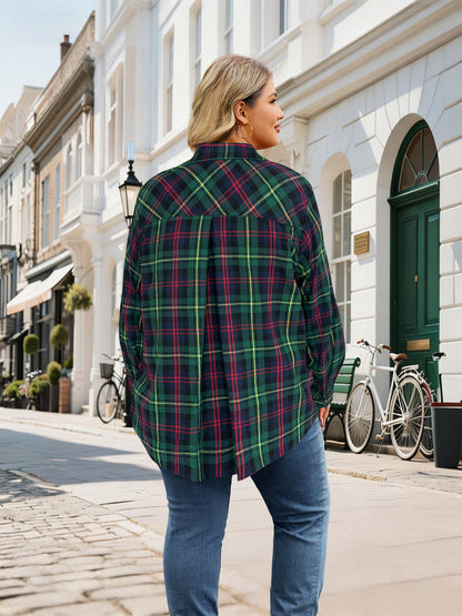Plus Size Forest Green Plaid Button-Up Shirt F19