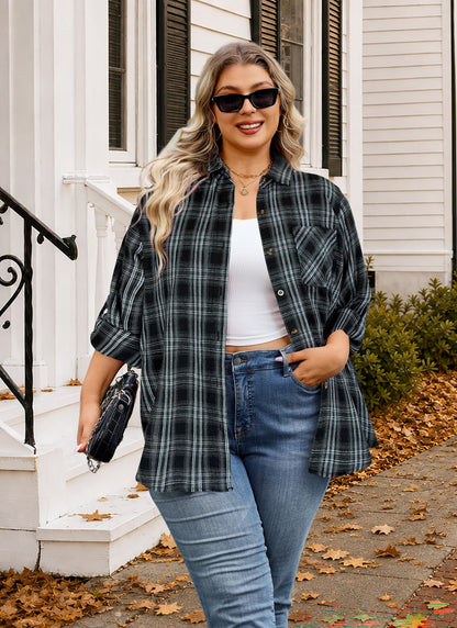 Plus Size Black Plaid Button-Up Shirt G26