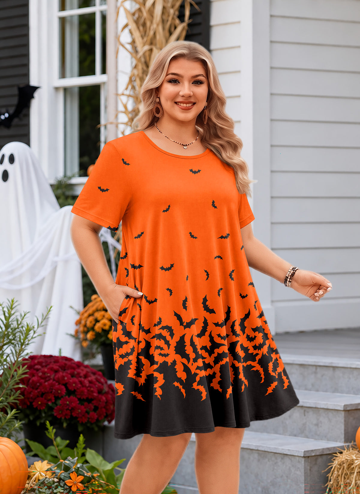 Plus Size Orange Halloween Bat Print Swing Dress