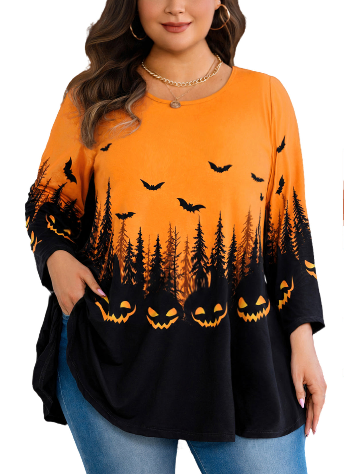 Plus Size Orange Halloween Pumpkin Tunic Top D36