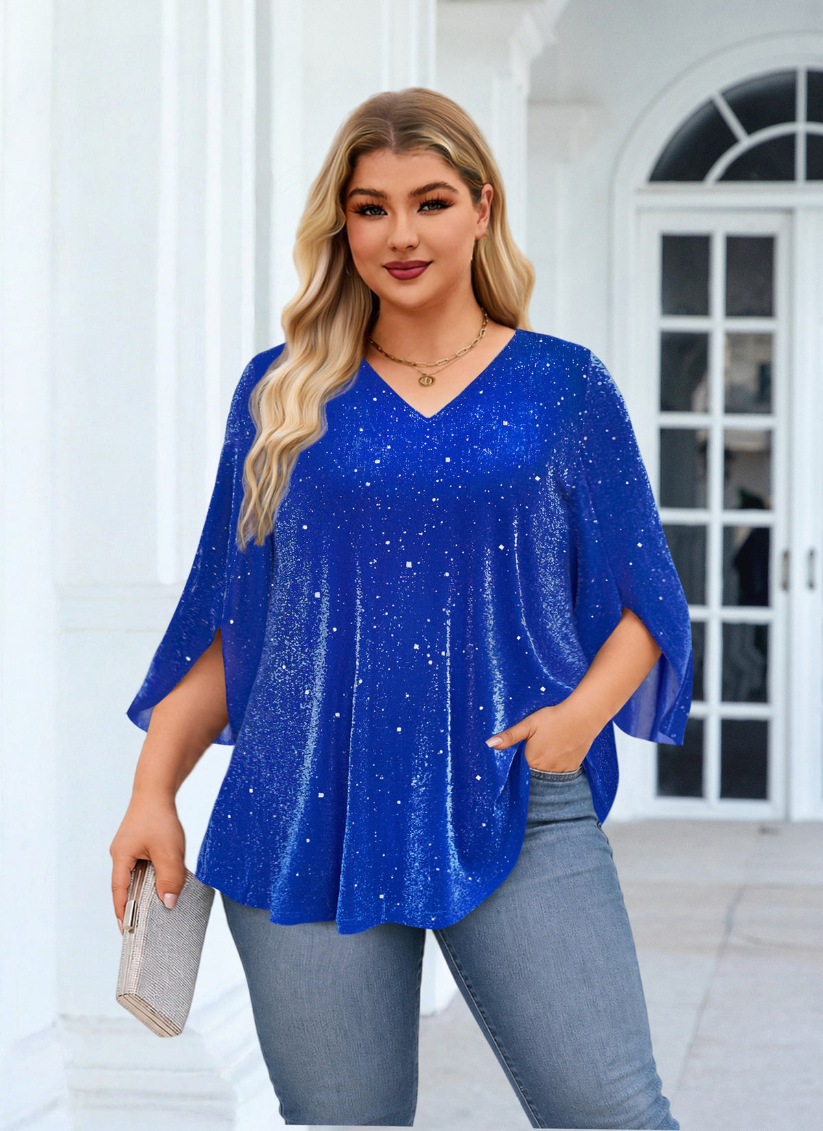 Plus Size Royal Blue Sparkle V-Neck Top S3