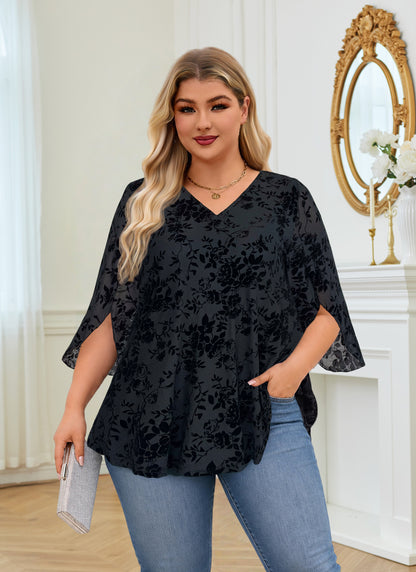 Plus Size Black Floral V-Neck Top S4