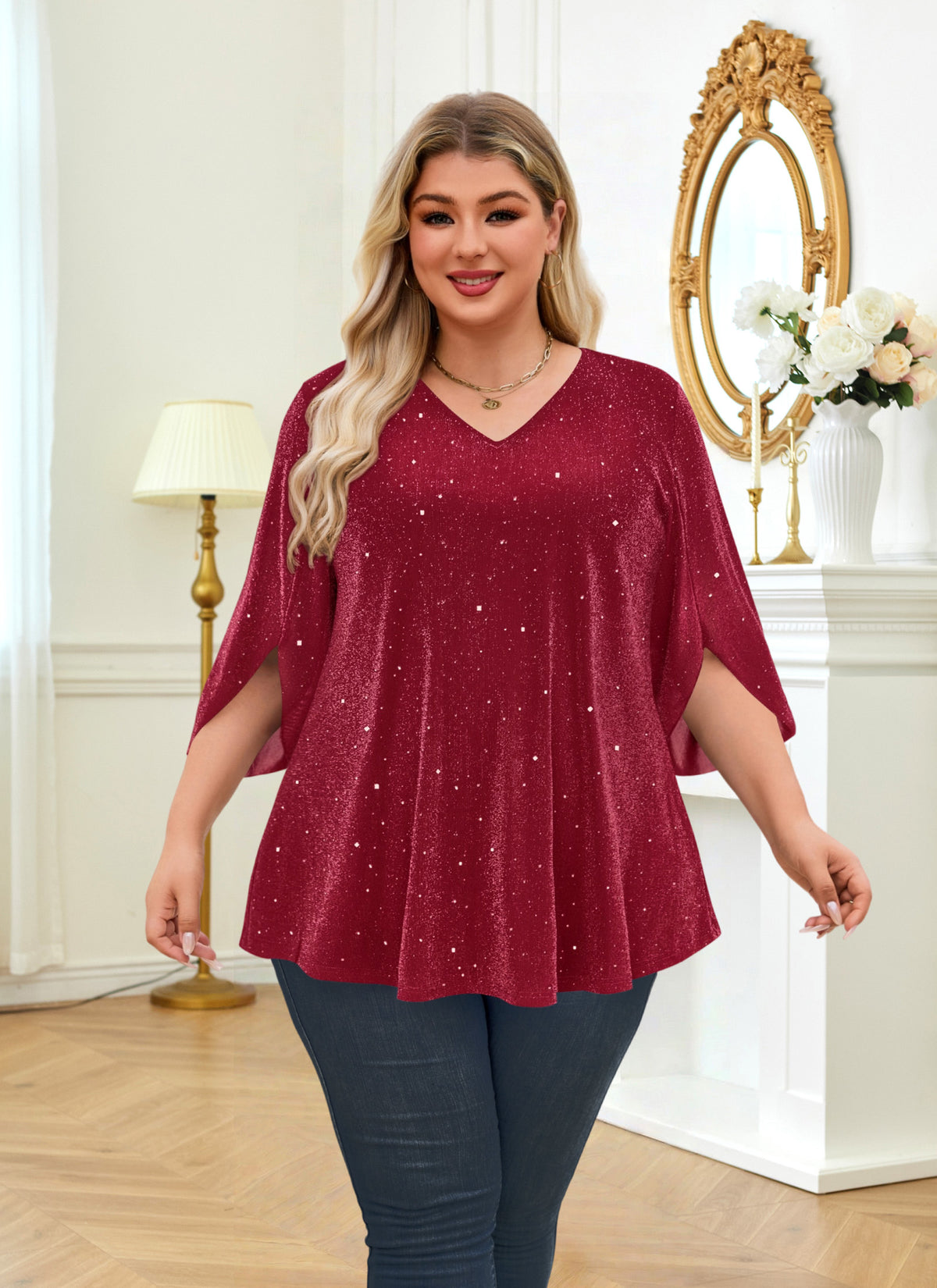 Plus Size Red Sparkle V-Neck Top S2