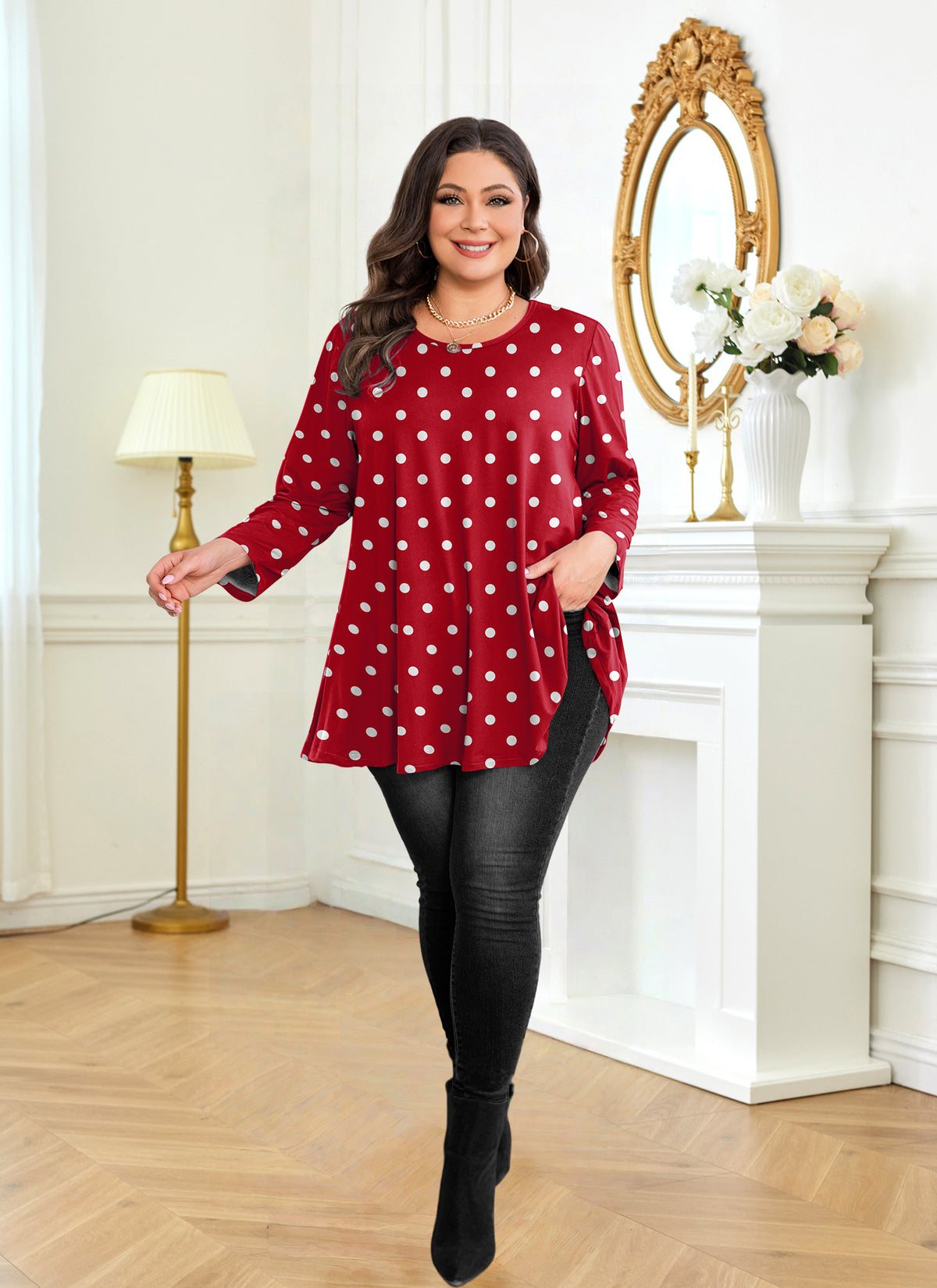 Plus Size Red Polka Dot Long Sleeve Swing Tunic