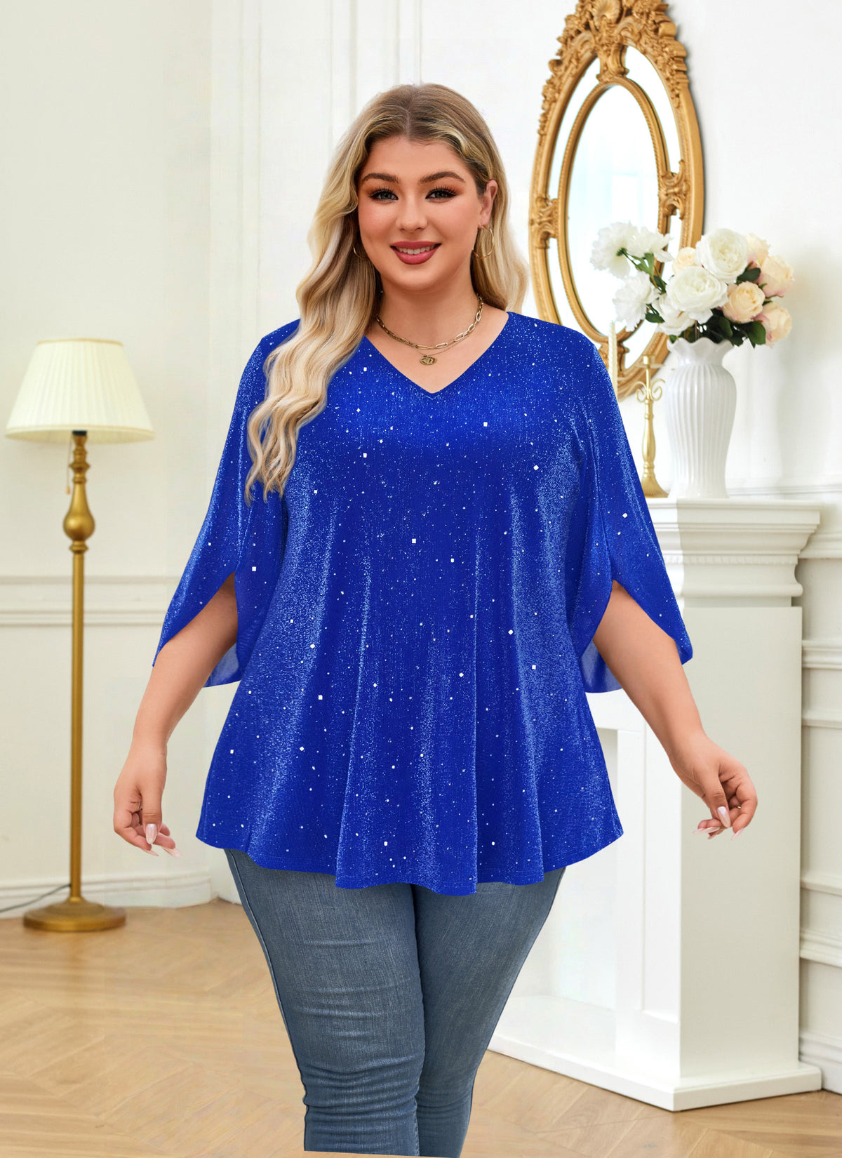 Plus Size Royal Blue Sparkle V-Neck Top S3
