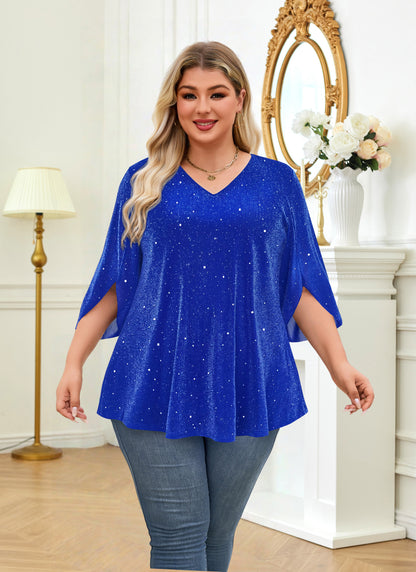 Plus Size Royal Blue Sparkle V-Neck Top S3