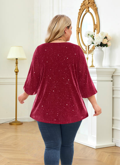 Plus Size Red Sparkle V-Neck Top S2