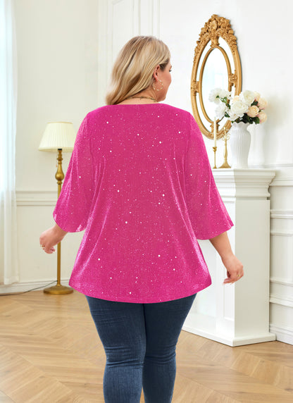 Plus Size Pink Sparkle V-Neck Top S1