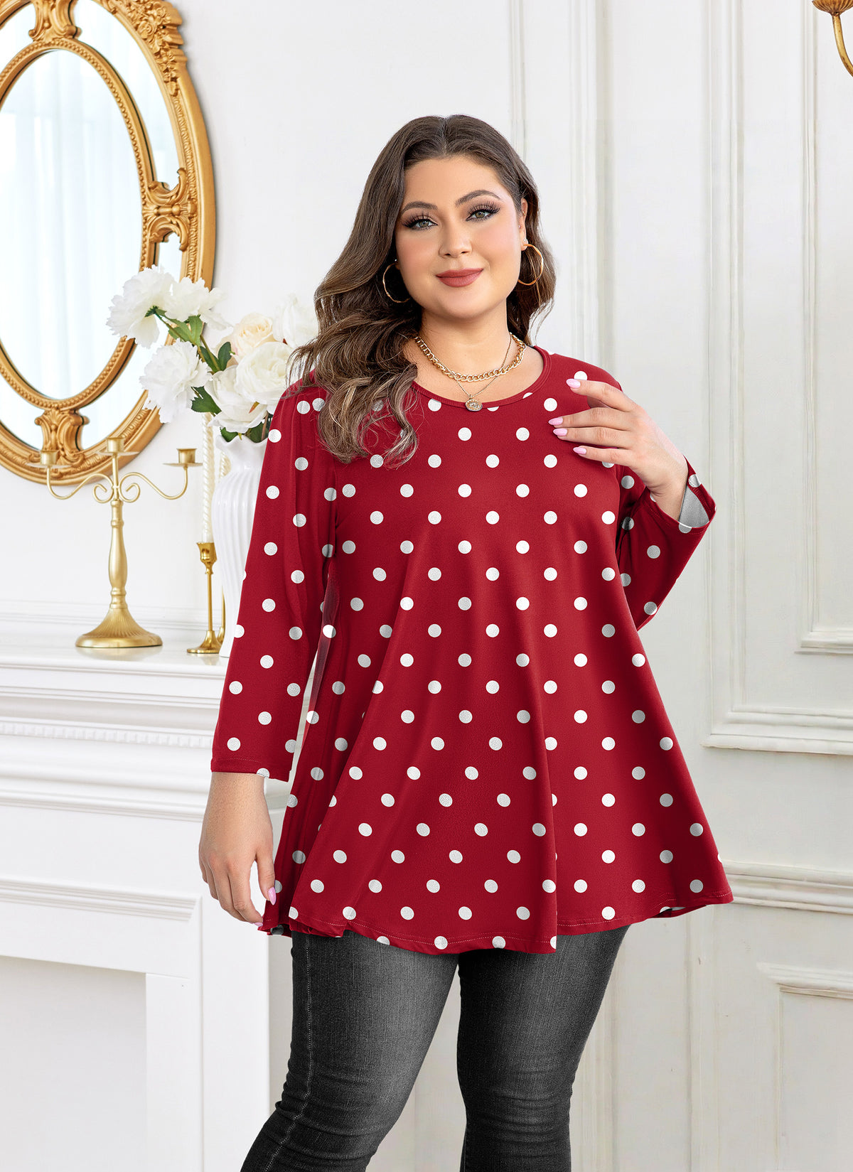 Plus Size Red Polka Dot Long Sleeve Swing Tunic