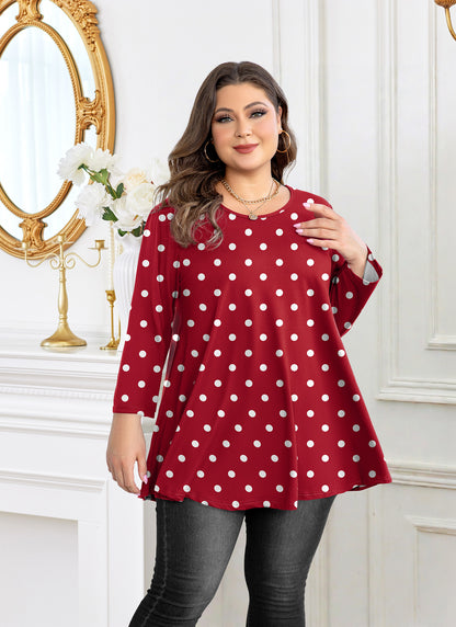 Plus Size Red Polka Dot Long Sleeve Swing Tunic
