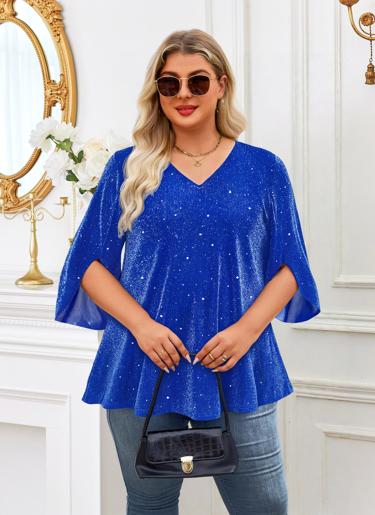 Plus Size Royal Blue Sparkle V-Neck Top S3
