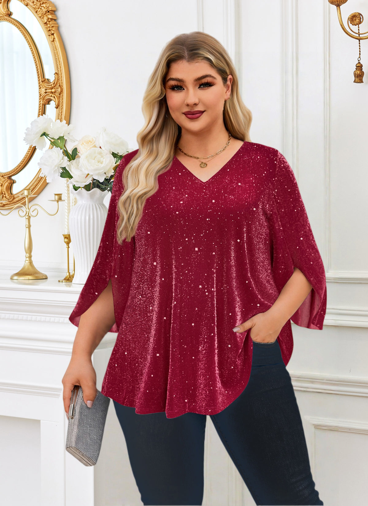 Plus Size Red Sparkle V-Neck Top S2