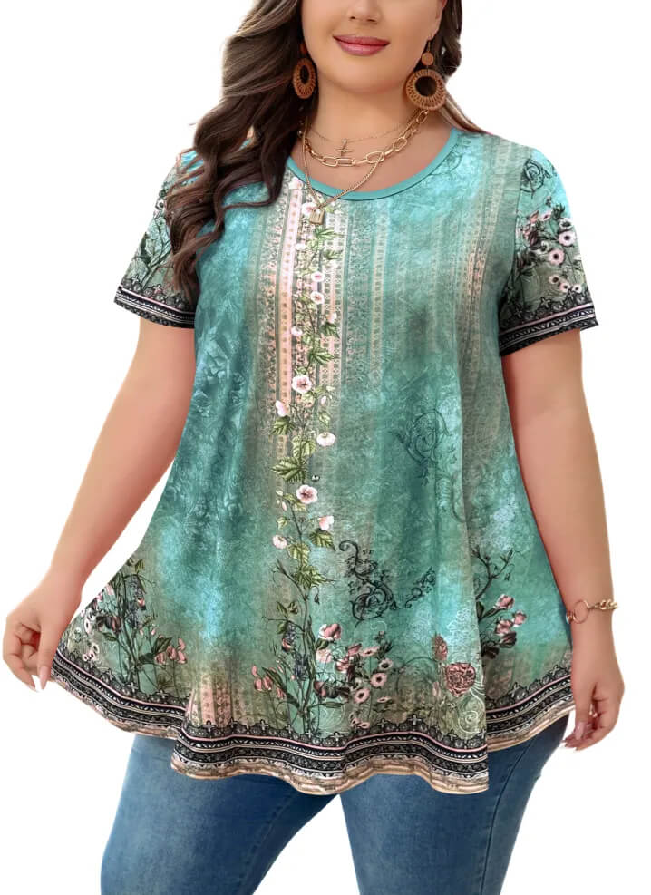 Breathable Plus Size Tunic Dress with Floral Design
