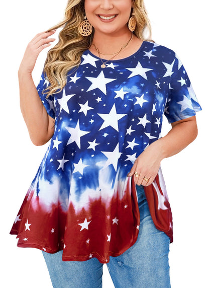 Women's Plus Size American Flag Tunic Top – Short Sleeve, Patriotic Swing Blouse to Wear with Leggings b40