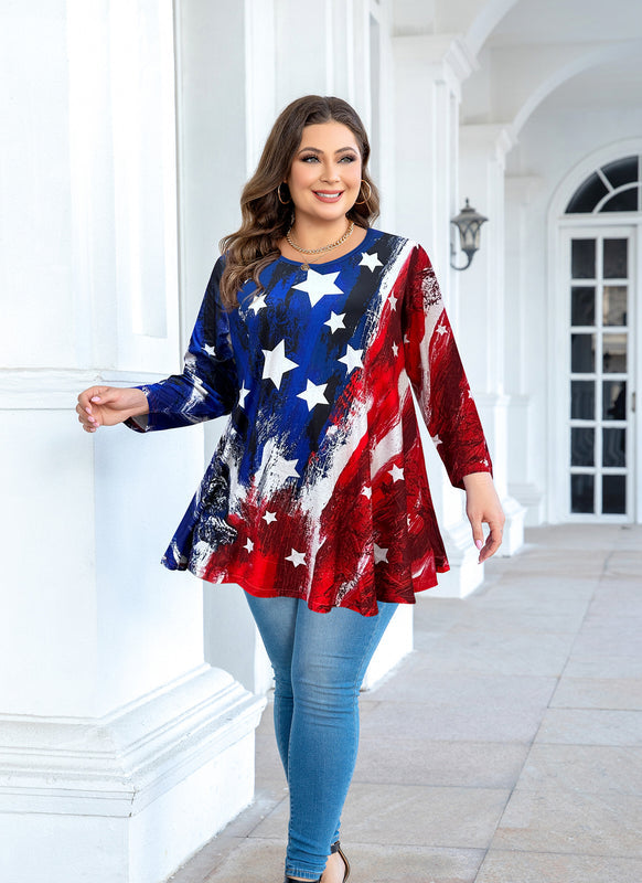 Women's Plus Size American Flag Tunic Top – 3/4 Sleeve Patriotic Swing Flare Blouse d17
