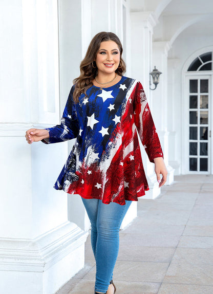 Women's Plus Size American Flag Tunic Top – 3/4 Sleeve Patriotic Swing Flare Blouse d17