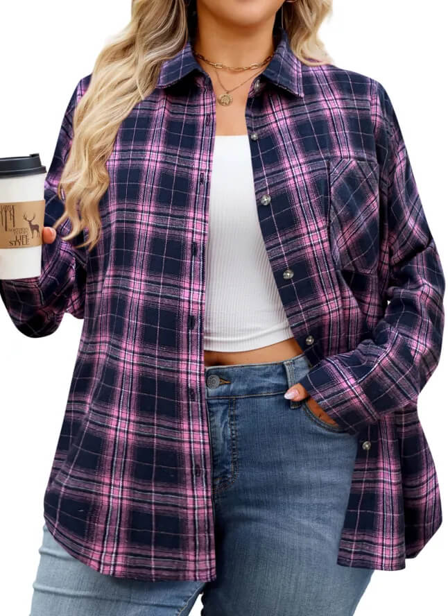 Plus size women’s black and magenta plaid shirt, bold and flattering design
