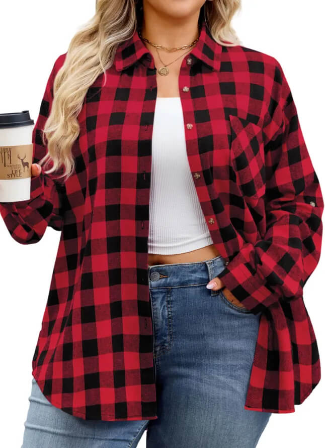 Plus size women’s black and red plaid shirt, classic check pattern with style