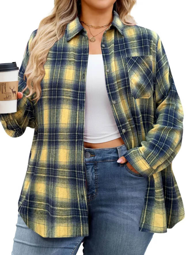 Plus size women’s yellow and gray plaid shirt, warm and relaxed style