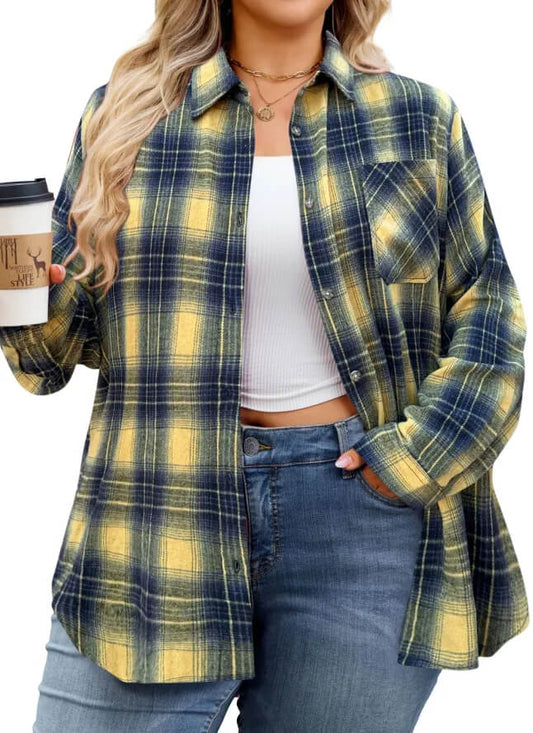 Plus size women’s yellow and gray plaid shirt, warm and relaxed style