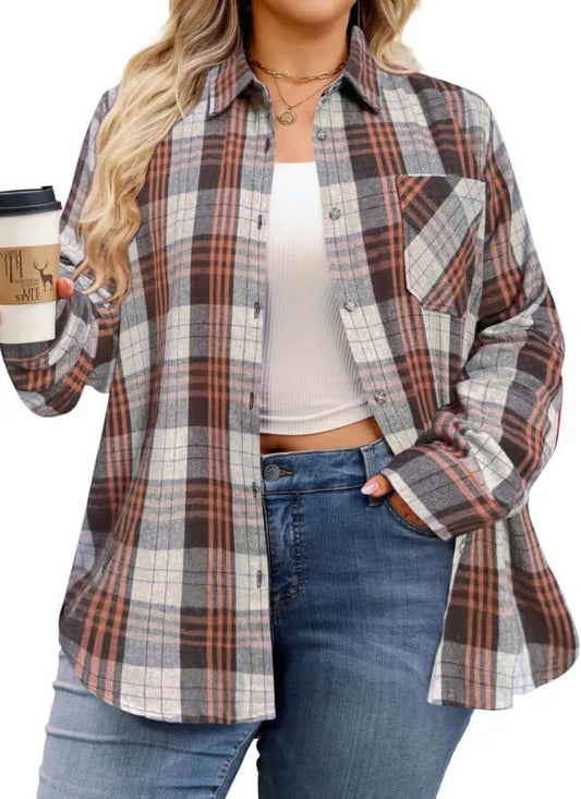 Plus size women’s gray and brown plaid shirt, soft and elegant fall fashion