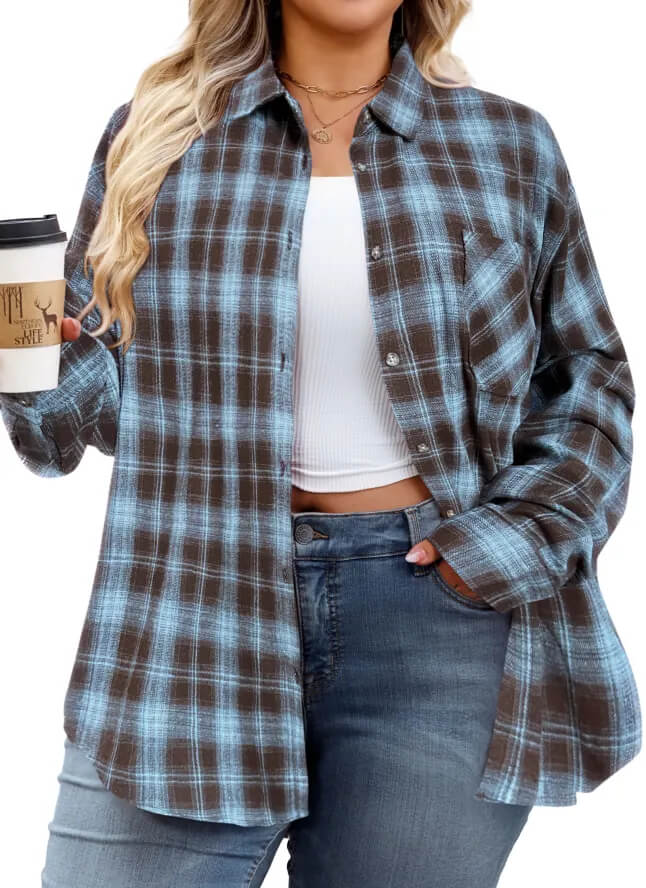 Plus size women’s black and light blue plaid shirt, fresh and casual fall outfit